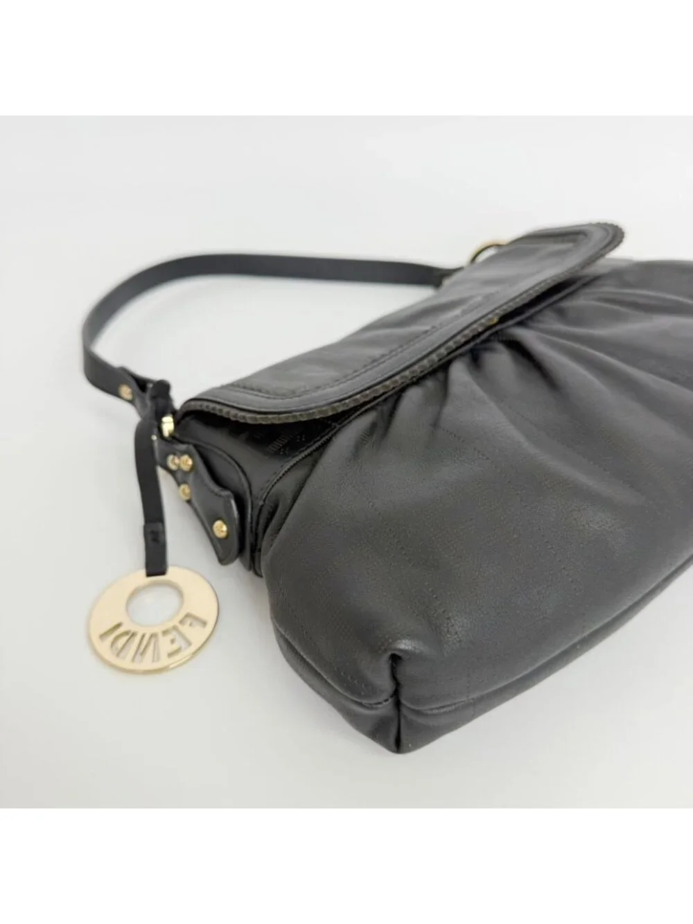Fendi Mia Gather Shoulder Bag Leather Black Vintage
